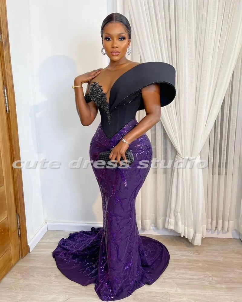 Elegant Black และสีม่วงชุดราตรี Sheer คอเลื่อม Applique Beading Aso Ebi Mermaid Prom Gowns งานแต่งงาน2022สวมใส่