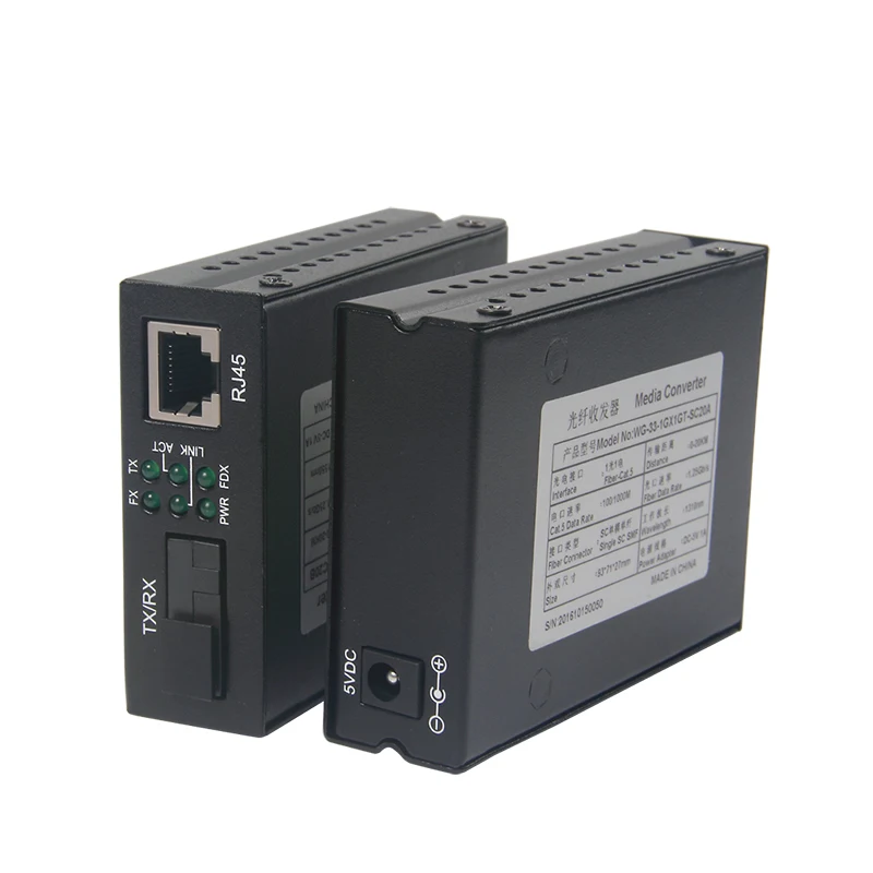 a Pair of Gigabit Ethernet Bidi Media Converter, Single SC Fiber Connector, singlemode, 1310-nm, 20-km