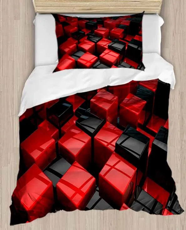 

Else Red Black Cubes Box Abstract Geometric 4 Piece 3D Print Cotton Satin Single Duvet Cover Bedding Set Pillow Case Bed Sheet