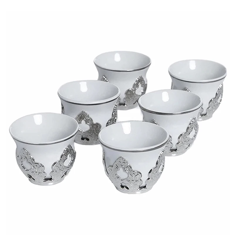 Arabic Turkish Greek Coffee Mirra Porcelain Cups with Holders Kava Gava Set For 6 Person Silver Gift Birthday Made in Turkey