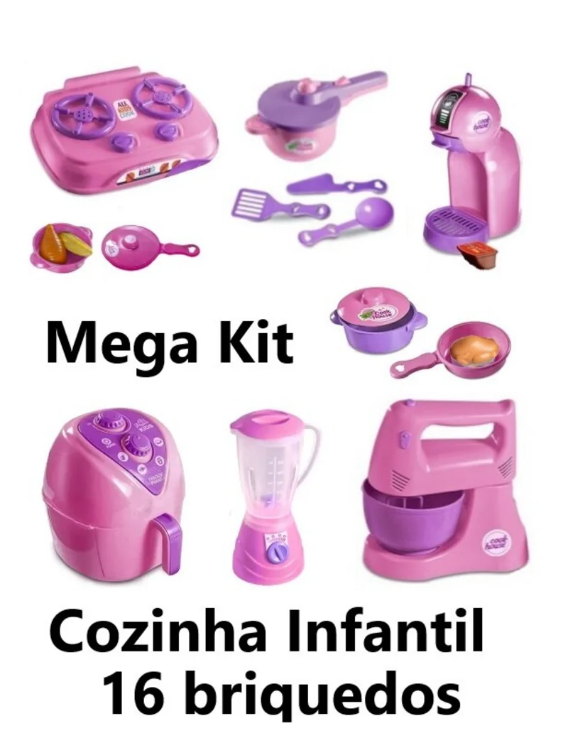 Mega Kit Children's Kitchen with 16 Toys Stove, Mixer, Blender, Airfryer 4 Cots with Accessories