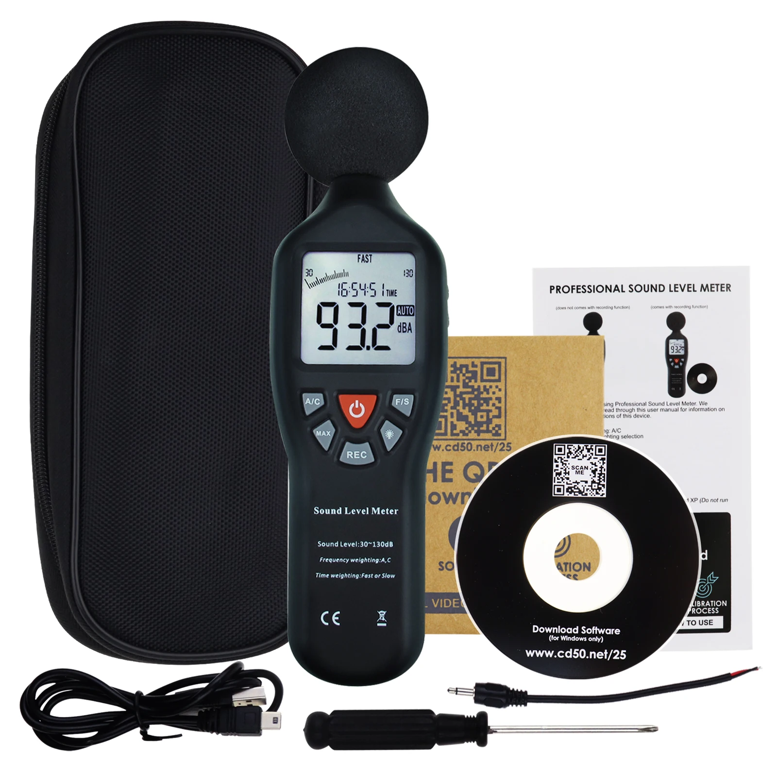 Digital Sound Level Meter 30dB-130dB High Accuracy Measuring Professional With Data Record Function CD And Backlit Display