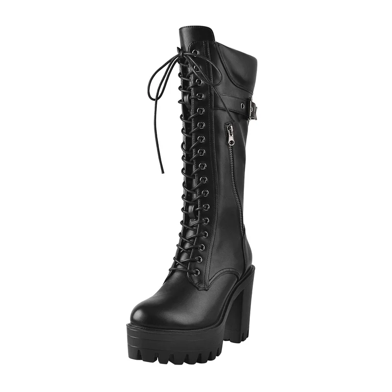 Onlymaker Brand Platform Round Toe Matte Black Lace-up Knee Chunky High Boots  Buckle Punk Zipper Boots