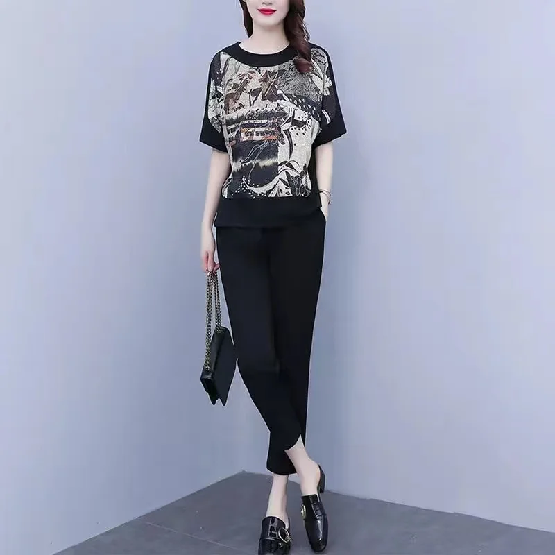 

2023 Summer New Fashion Suit Women's Loose Short Sleeve T-shirt Slim Print Stitching Two-piece Pants Set L-5XL