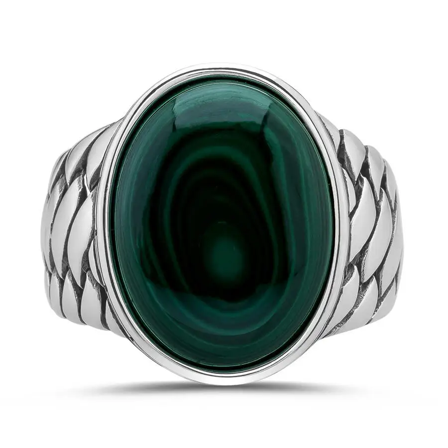 New Authentic Sterling Silver Antique Turkish Malachite Green Stone Oval Master Hand Ring Men's Rustic Hallmarked Male Jewelry