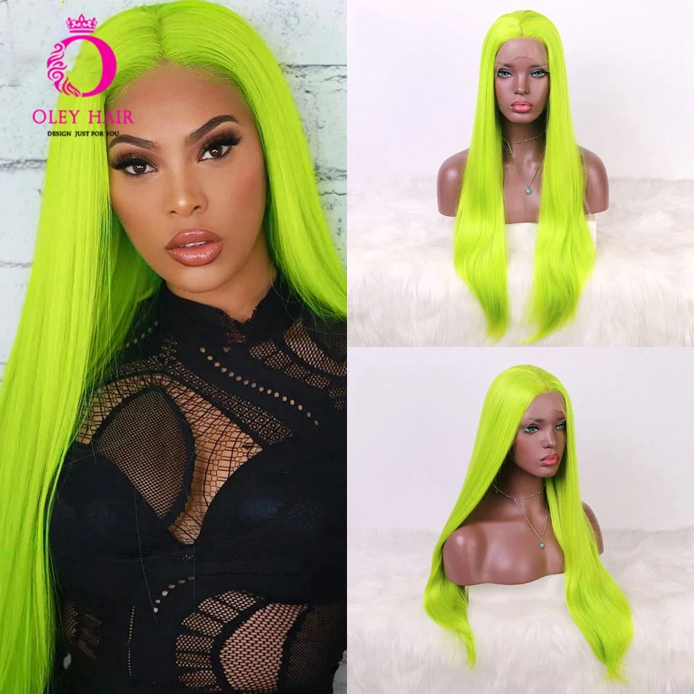 

OLEY Long Straight Green Wig Glueless Synthetic Lace Front Wig Middlepart Heat Resistant Drag Queen Cosplay Wigs For Black Women