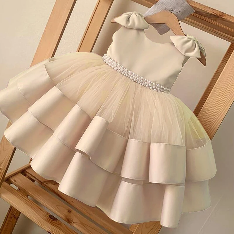 Toddler Girl Tulle Bow Dress Baby Elegant Princess Baptism Wedding Tutu Dresses Kids Prom Children Formal Party Clothes 3 8 Year