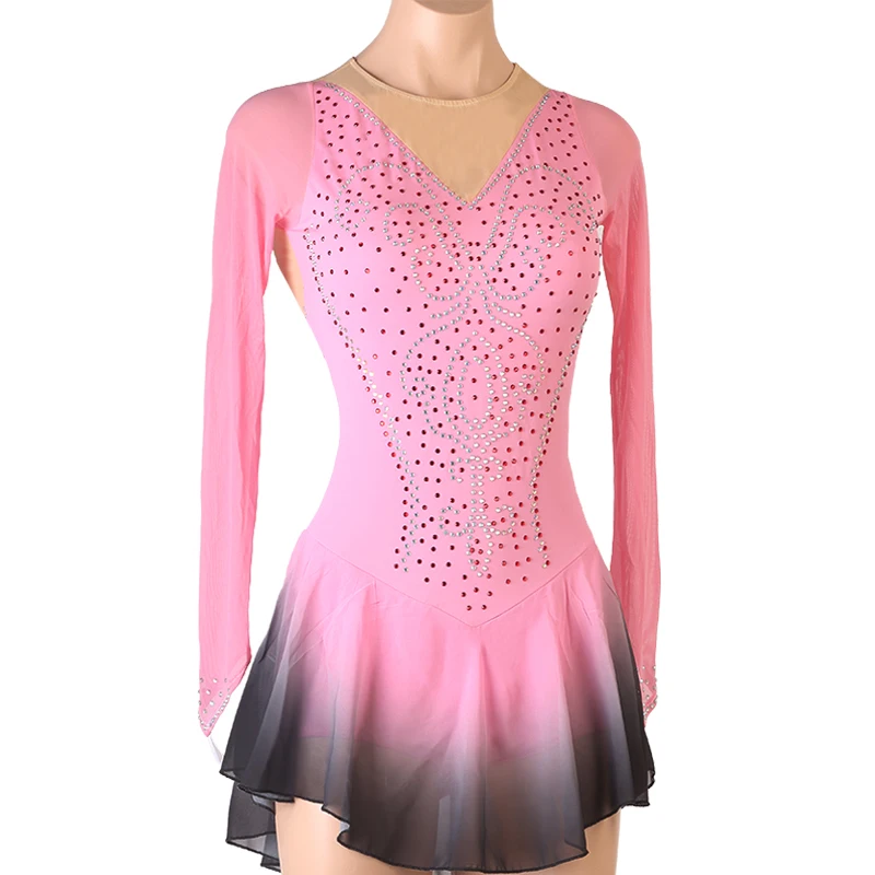 pink black gradient color Figure Skating Dress Women girl Ice Skating Dress Gymnastics Costume custom crystal rhinestone  B025