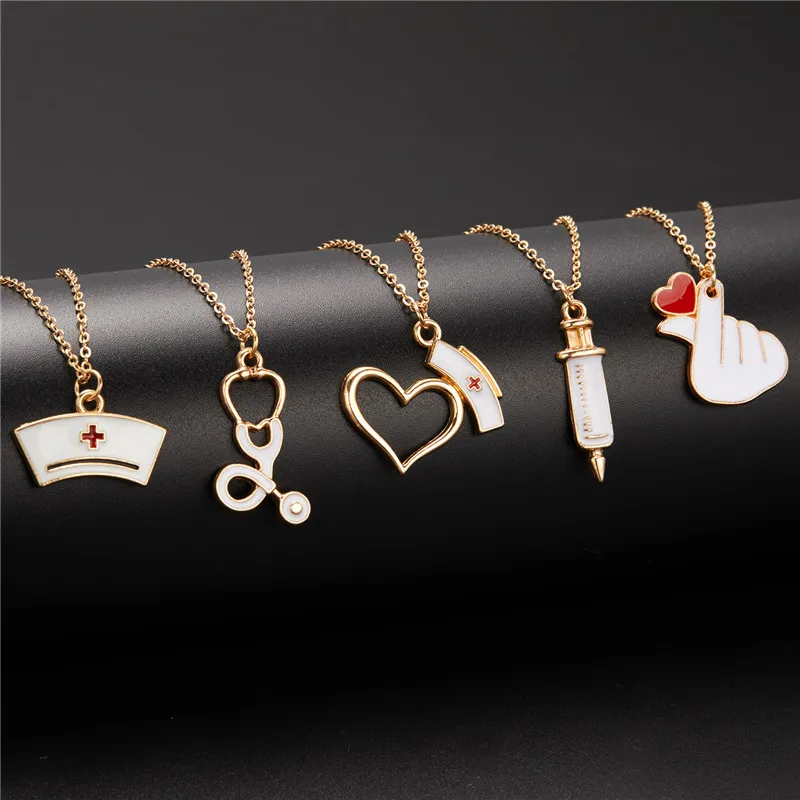 Medical Equipment Pendant Necklace For Women Nurse Fashion Syringe Heart Nurse Cap Stethoscope Necklaces Statement Chain Jewelry