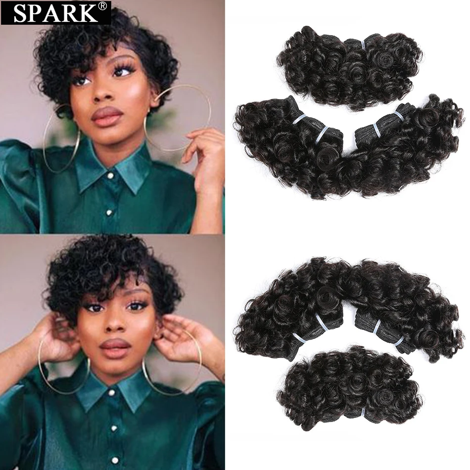 

Spark Peruvian Bouncy Curly Hair Bundles 3/6/9pcs 6inch Short Length Remy Human Hair Bundles 6PCS Can Make a Wig Double Drown