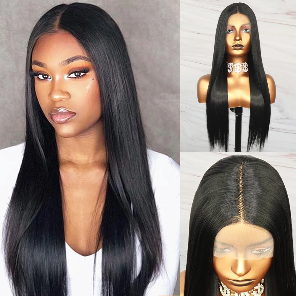 BlueBird Long Silky Straight T Part Synthetic Hair Wigs Black Futura Synthetic Hair Lace Frontal Wigs for Women Deep Hairline