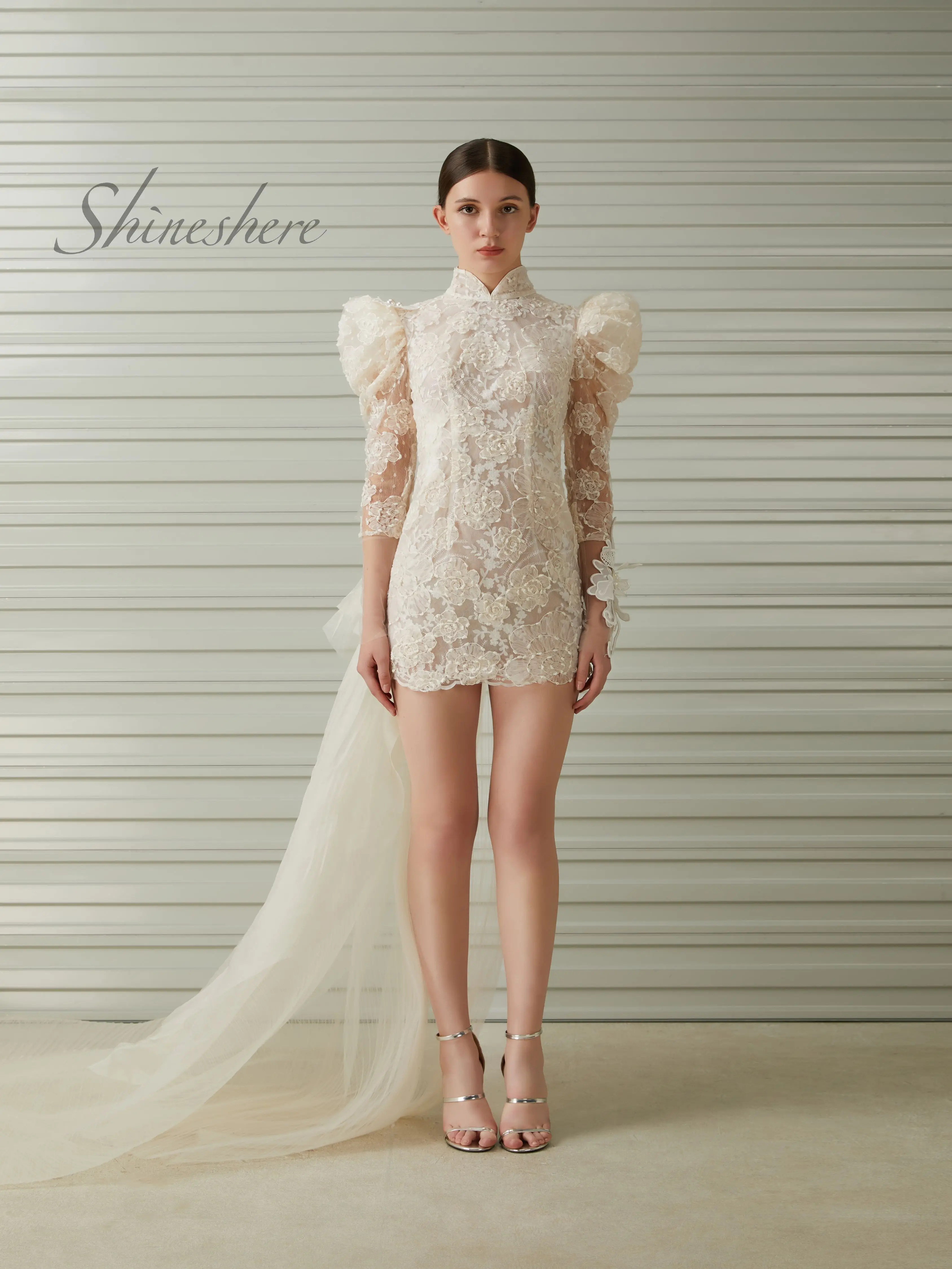 Fashion High Collar Puff Long Sleeves Lace Appliques  Knee Skirt Short Wedding Dress Long Train Ribbon Back