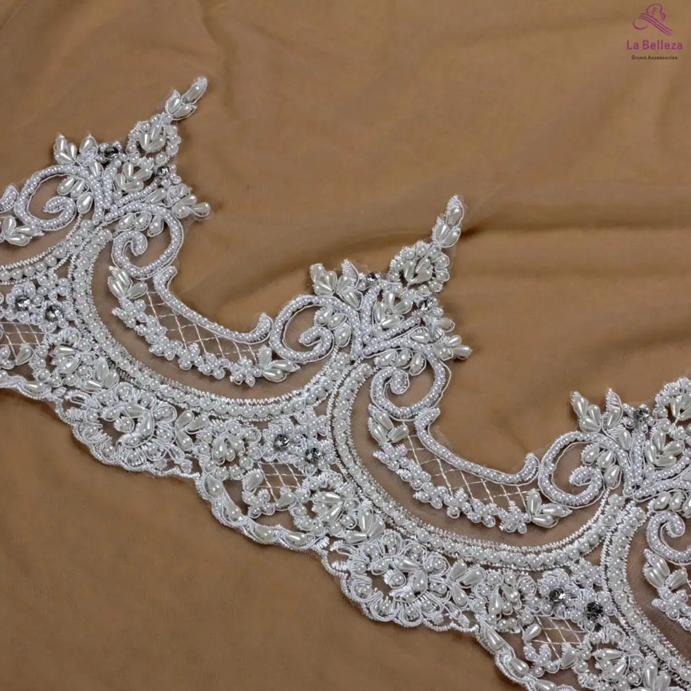 La Belleza 19cm width ivory/black/Gold handmade pearls stones beaded lace trim,gown lace,Bride veil lace 1 YARD