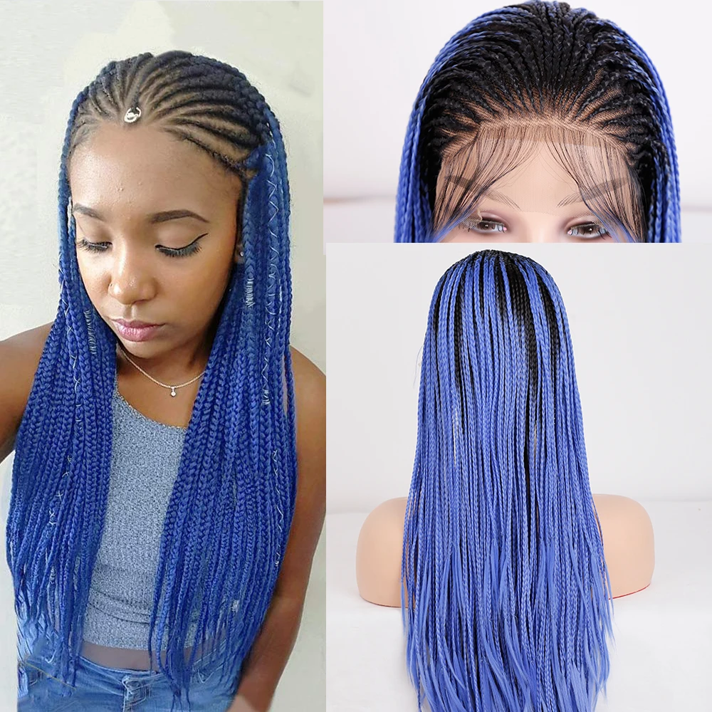 

Cosplay Braiding Hair Wig 26 inch Braided Wigs For Black Women Ombre Blue Synthetic Lace Front Box Braided Wig With Baby Hair