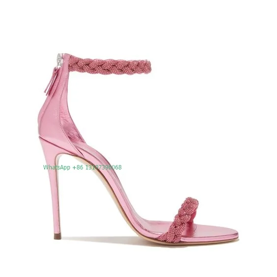 Pink Chain Bright Pink Diamond Sandals Simple Sandals Large Size 43 ZIP Elegant Banquet Party High Heels Everyday Footwear Lady