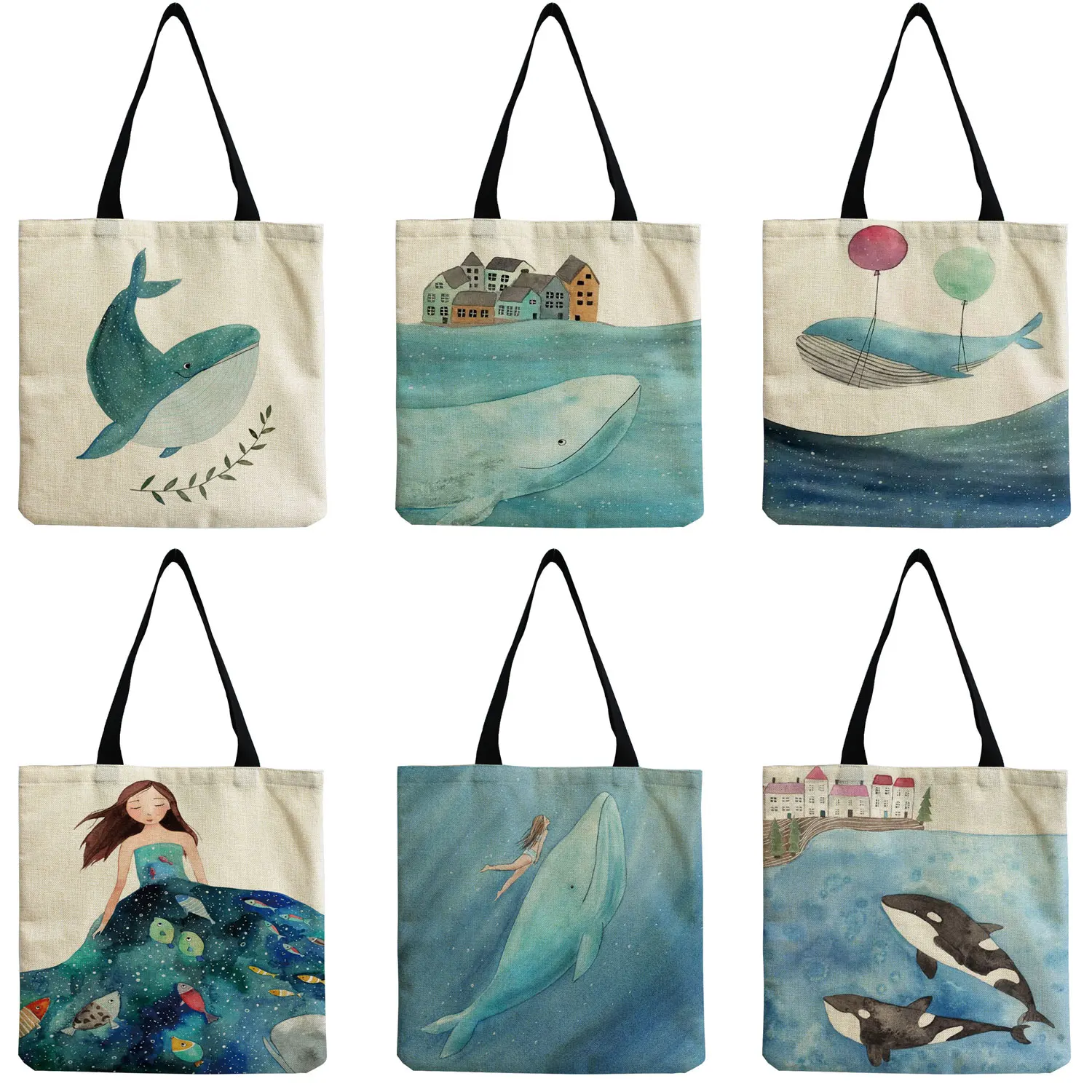 Fresh Painting Cute Whale Sea Series Shopper Bag Women Handbags Large Capacity Totes Fashion Design Shoulder Bag for Print Tote