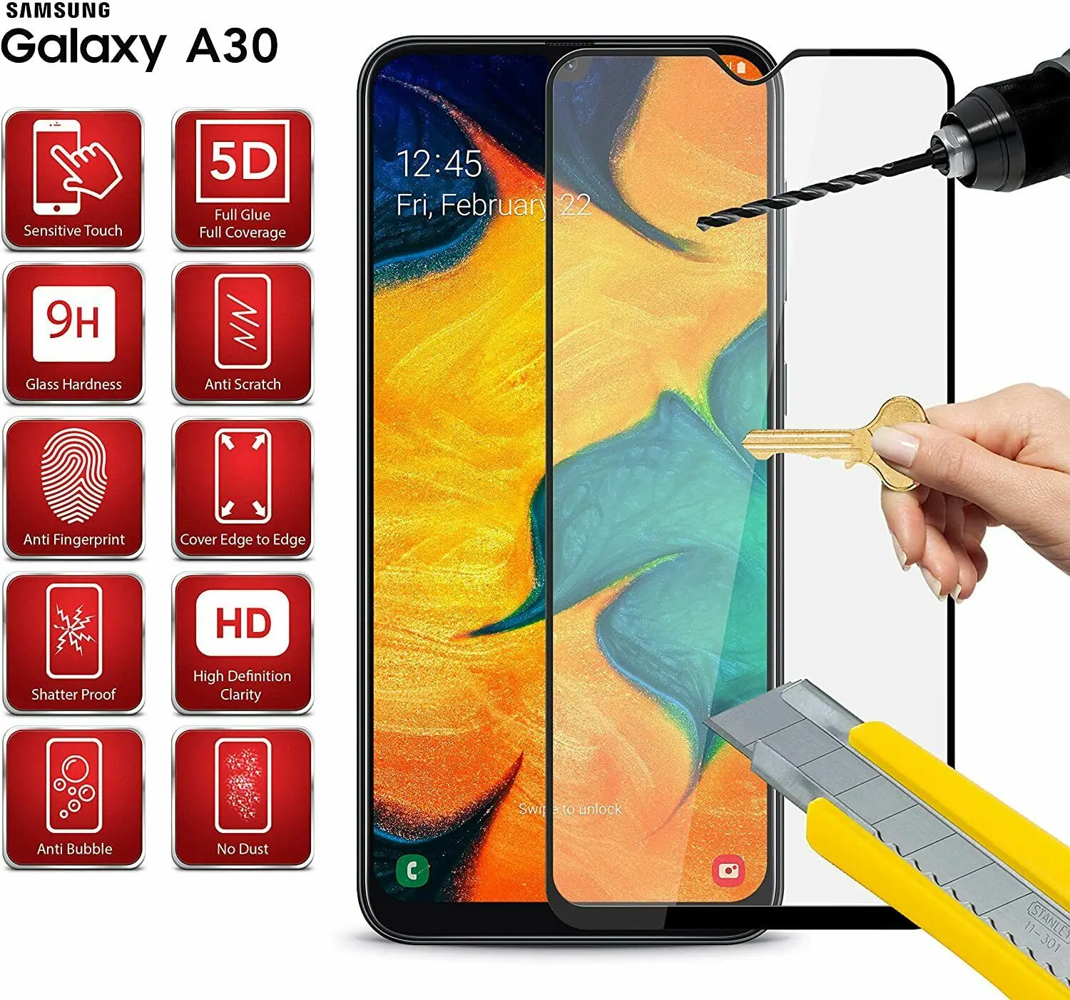 High quality 9H tempered glass screen Protector for Samsung Galaxy A30 sent from Spain