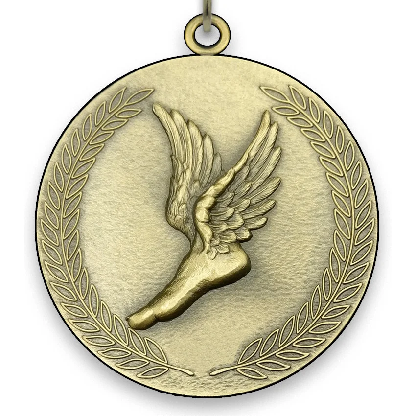 Large Metal Winged Foot Medal - Gold - 6,4 cm - with Neck Ribbon size 2.2cm x 80 cm, Choice of Ribbon Colours.