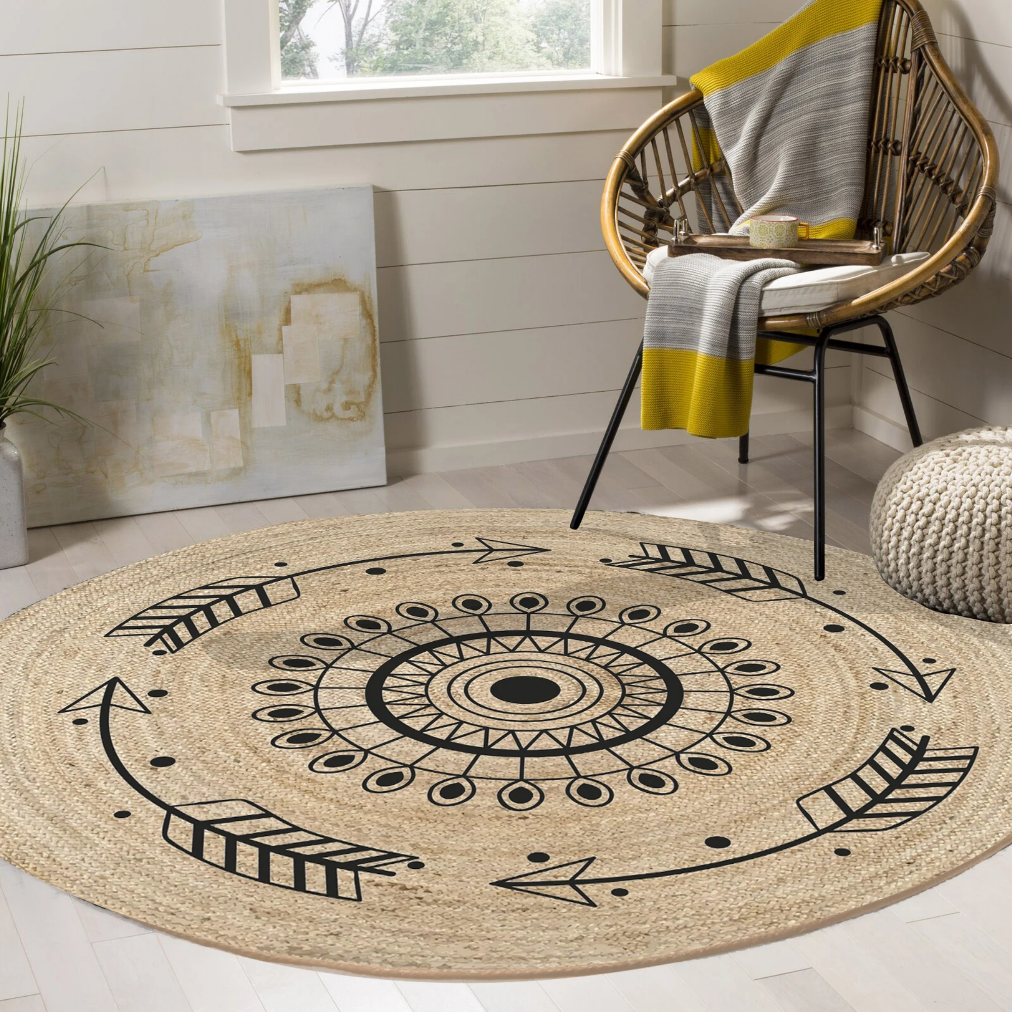 

Else Bohemian Arrows Authentic Sisal Handmade Flatweave Natural Jute Carpet Round Floor Mat Living Room Bedroom Sisal Area Rug