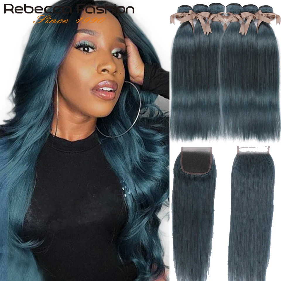 Rebecca S Blau Bundles Mit Verschluss Brasilianische Gerade Remy Menschliches Haar 3 Bundles S Blau Mit Verschluss