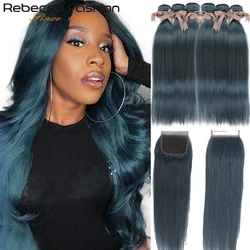 Rebecca S Blue Bundles With Closure Brazilian Straight Remy Human Hair 3 Bundles S Blue With Closure