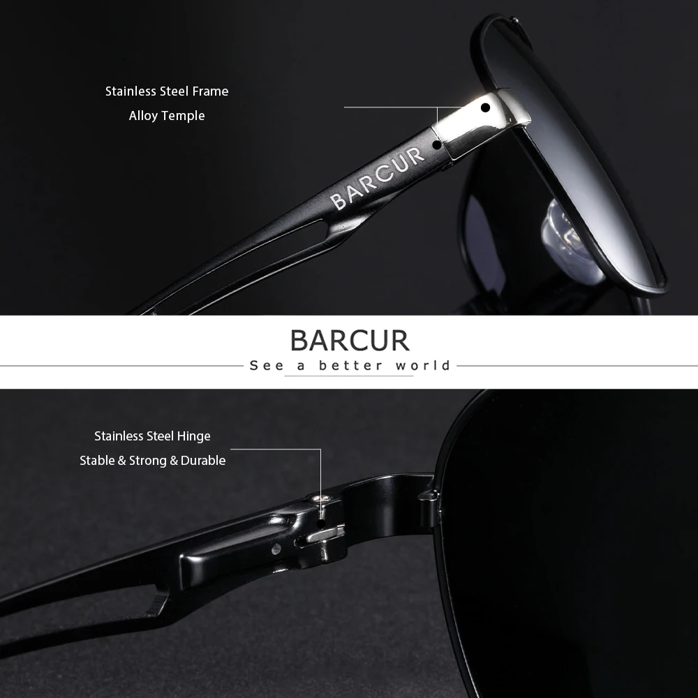 BARCUR Pilot Photochromic Sunglasses Metal Frame Men Polarized Sun Glasses Glass Eyewear Trend Styles UV400 Protection