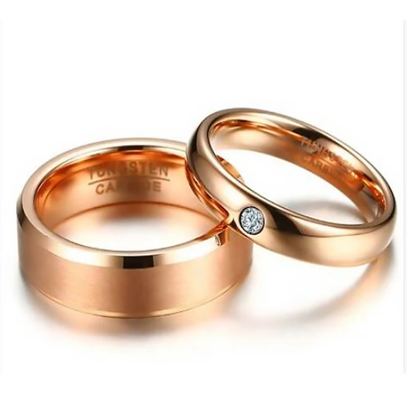 Soul Men 1 Pair Rose Gold Color Tungsten Carbide Couples Wedding Rings for Women Men 6mm For His 4mm CZ For Her