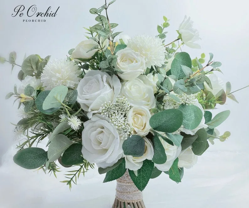 Buquê de rosas de orquídea branca, verde, peônias, buquê de casamento, boho, com flores de axilipto