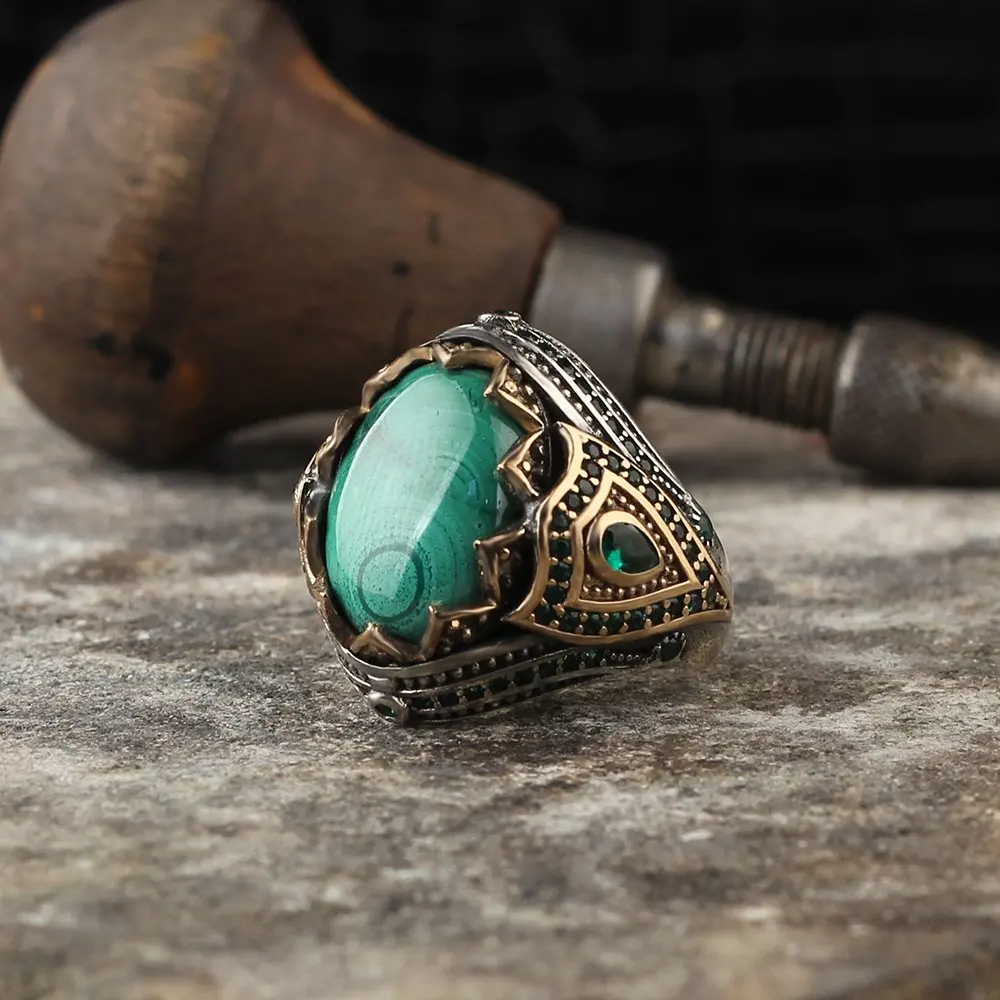 MEN 'S 925 Sterling Silver Ring, Malachite Gemstone, Real Natural Stone. High Quality, Men 'S Gift, Jewelry Made in Turkey Fashion Trend