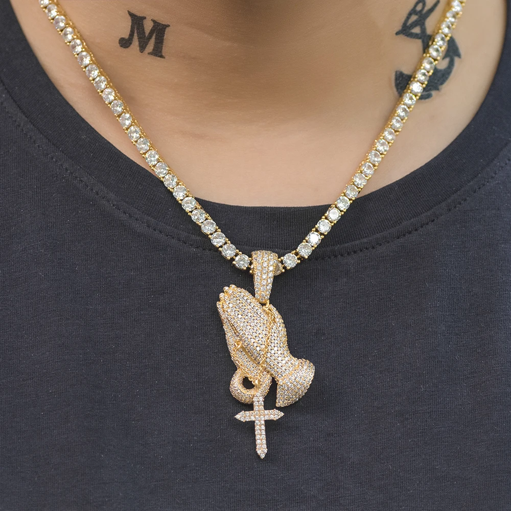 Iced Out Praying Hand Necklace Dad Jewelry