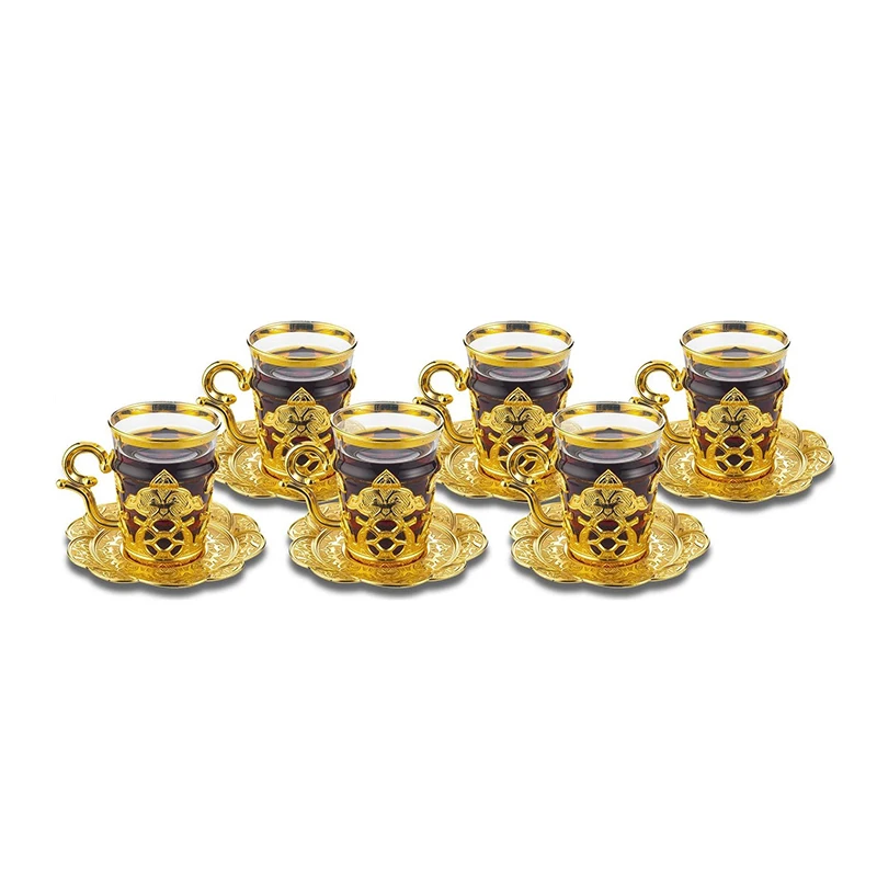 Set Of 6 Tea Glasses with Cup Holders and Cup Saucers Gold Silver Arabic Turkish Greek Tea Authentic New Home Wedding Gift