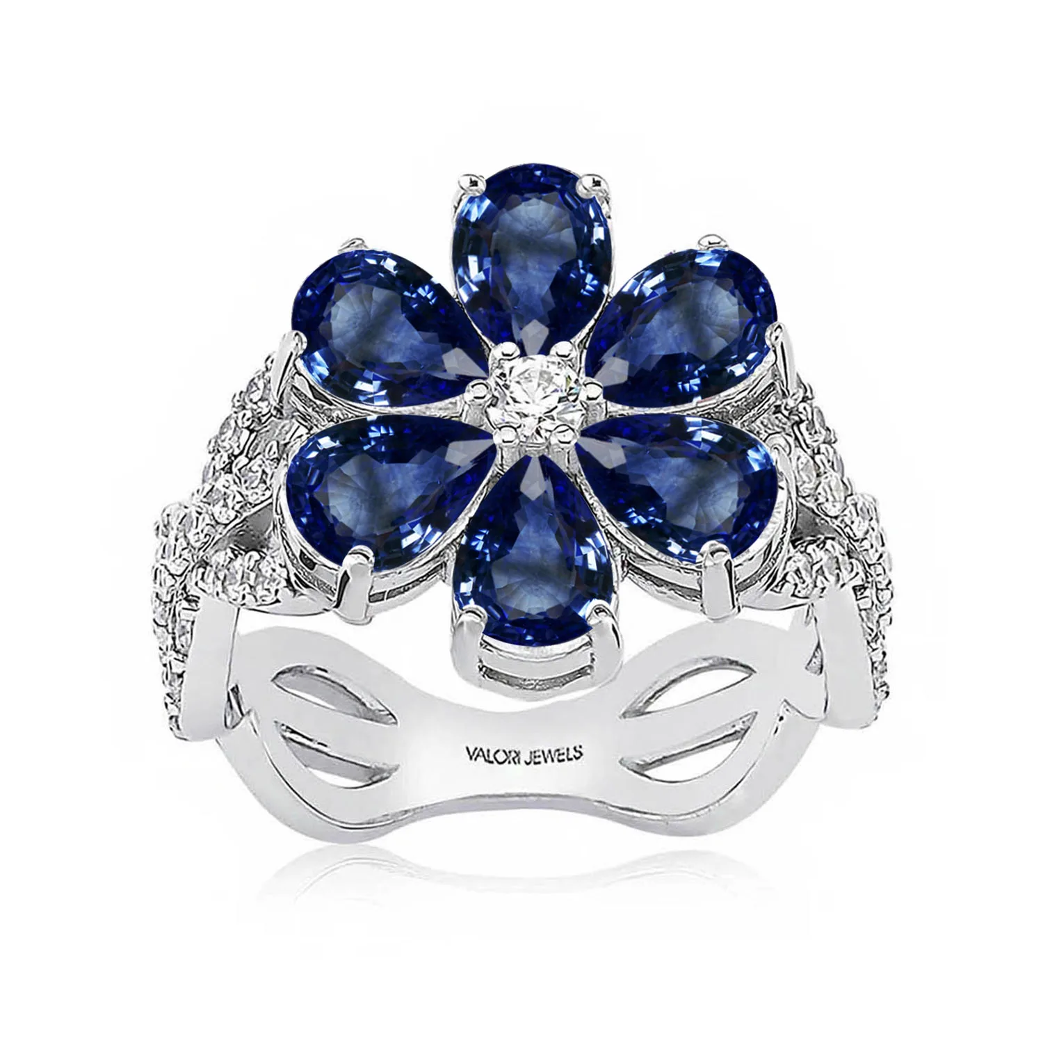 

Valori Jewels Magnolia Flower Ring , 2 Ct Zircon Fancy Blue Pear Gemstone , Rhodium Plated ,925 Silver, Fine Jewelry