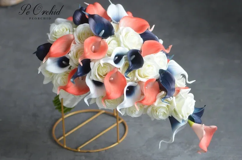 PEORCHID Coral Navy Bridal Wedding Bouquet Set Real Touch Calla Lily Artificial Waterfall Bouquet Flower For Bridesmaids To Hold