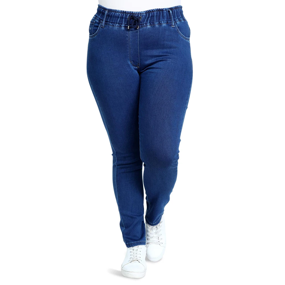 Hanezza Plus Size Women Fashion 2021 Winter Clothing Elastic Waist High Rise Full-Length Elegant Denim Trousers + 2XL - 7XL + Large Size Highly Seasonal Chic Jeans + 44 - 54 EU Casual Wear Female Blue, Dark Blue