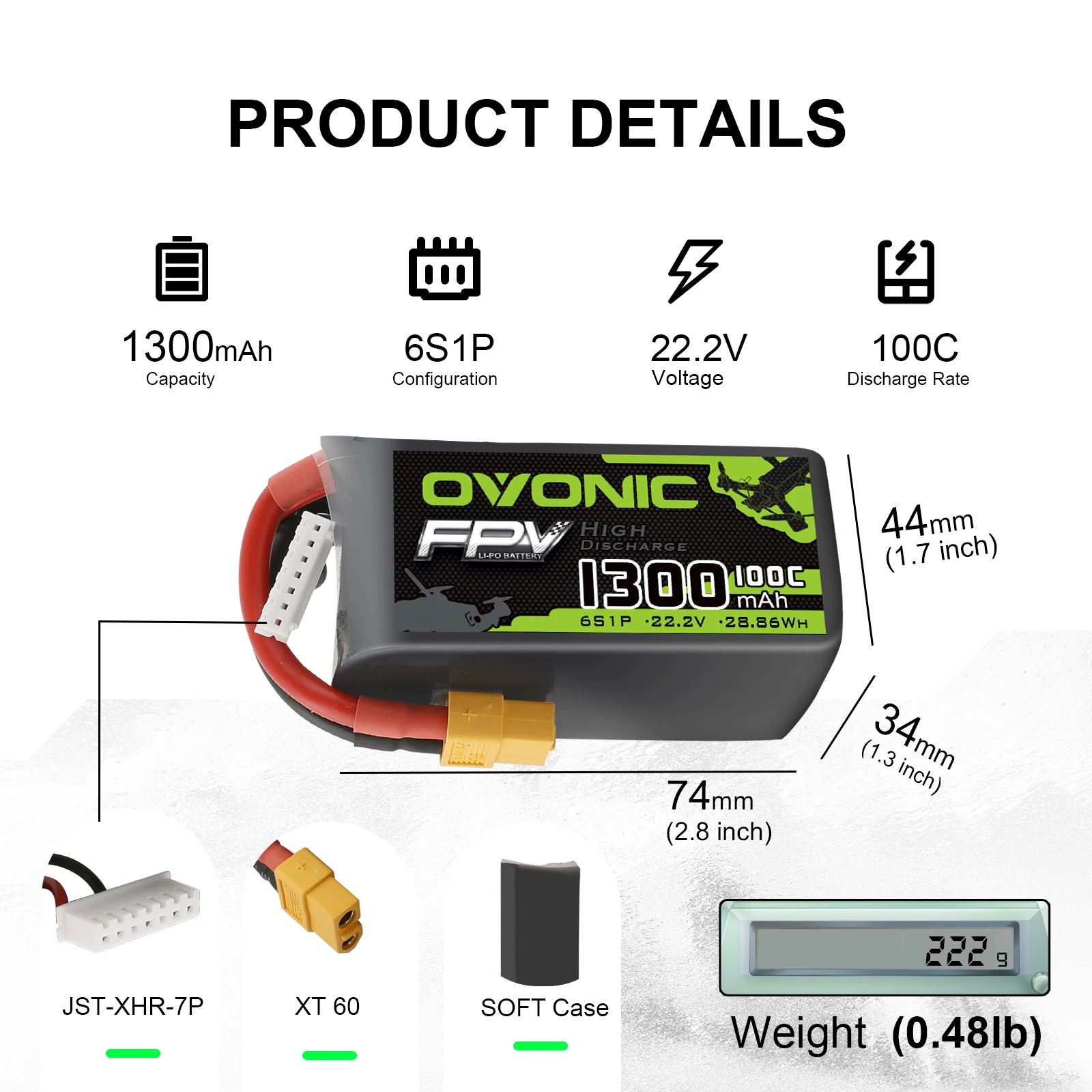 Paket Baterai LiPo OVONIC 22.2V 100C 6S 1300MAh dengan Colokan XT60 untuk Quadcopter FPV Gaya Bebas 4 Buah 1 Buah