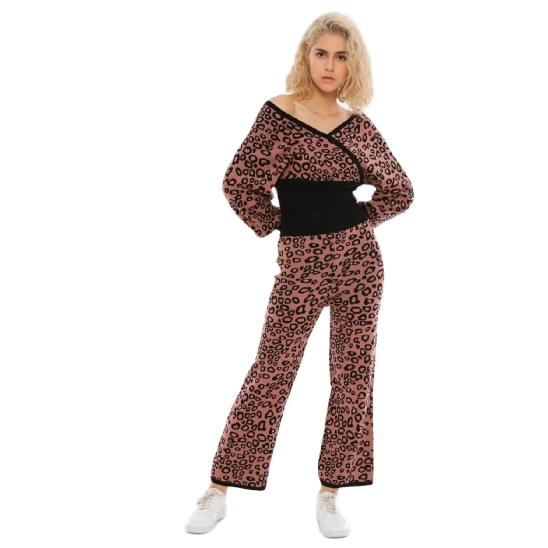 2 Piece Women's Knitted Sports Set Leopard Pattern Natural Belt V-Neck Sweater and Comfortable Pant Sportive Set Knitwear Turkey