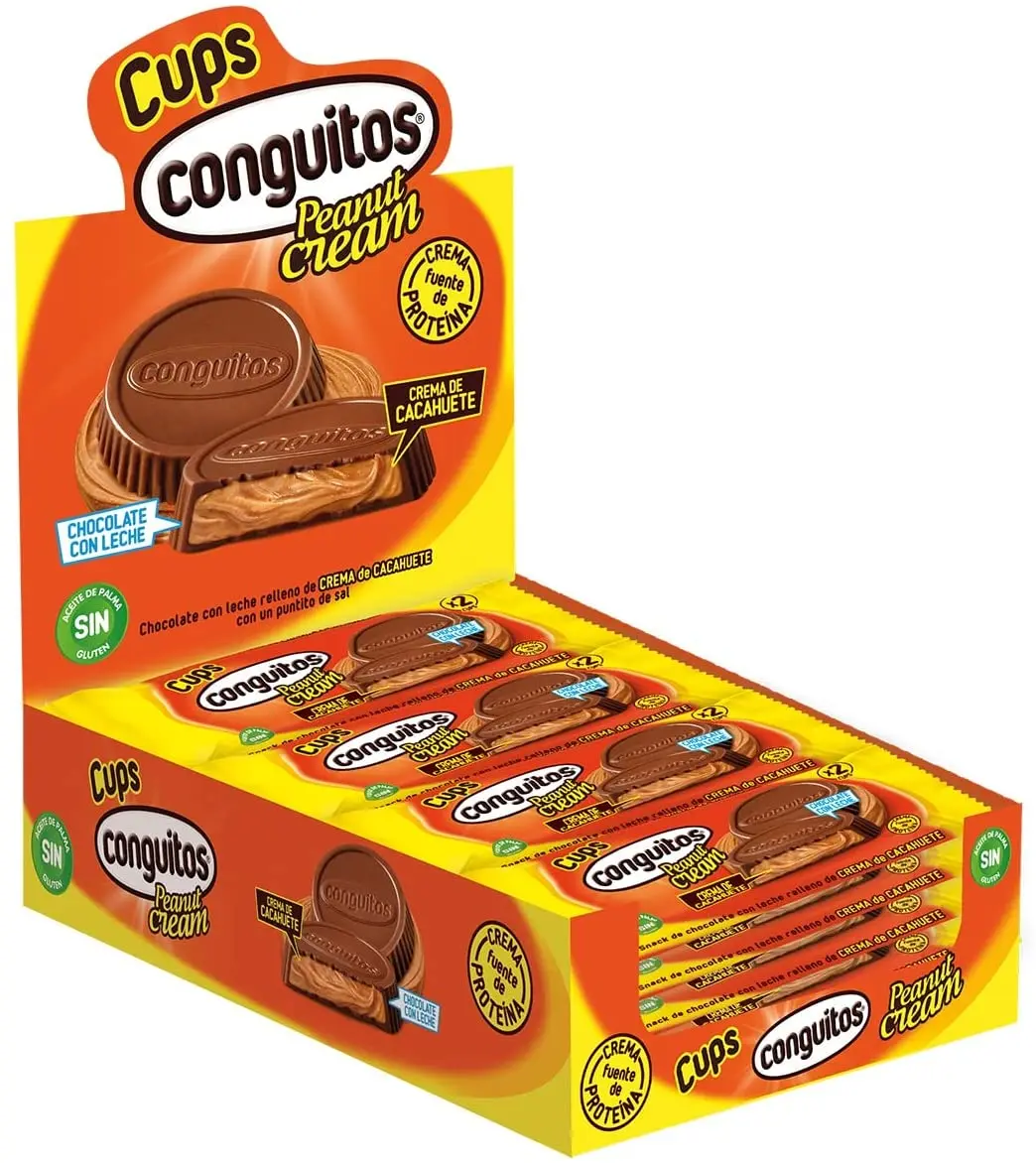 Conguitos Cups-case of 16 PCs x 34 grams-delicious milk chocolate snack, flux filling and light peanut cream-no palm oil and no glout-34g pack