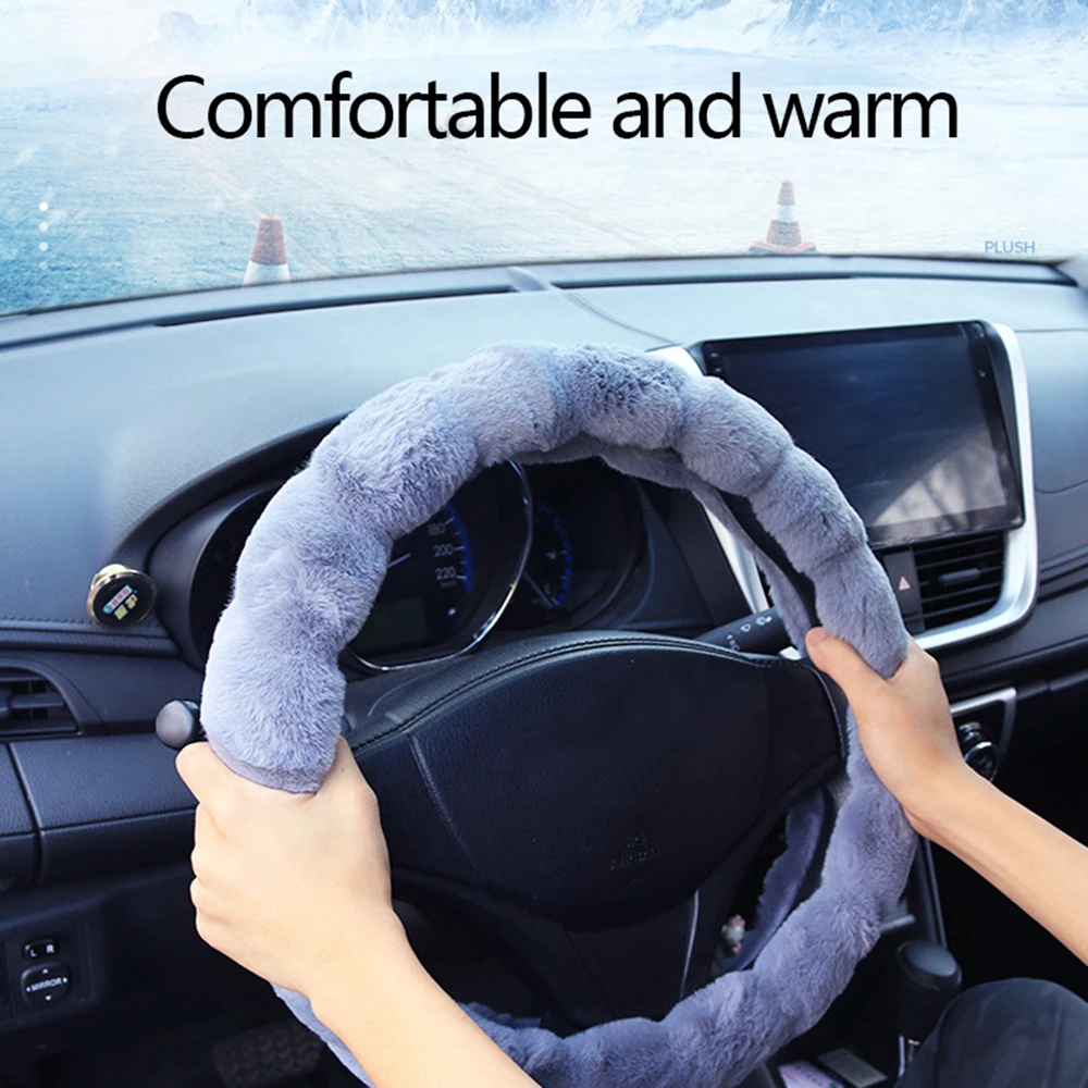 Universal Car Steering Wheel Cover Gray Winter Fur Wool Furry Fluffy