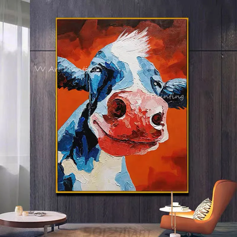 

Handmade Cow Face Cute Animal Modern Abstract Red Canvas Oil Painting Drawing For Living Room Decor Painted Gift