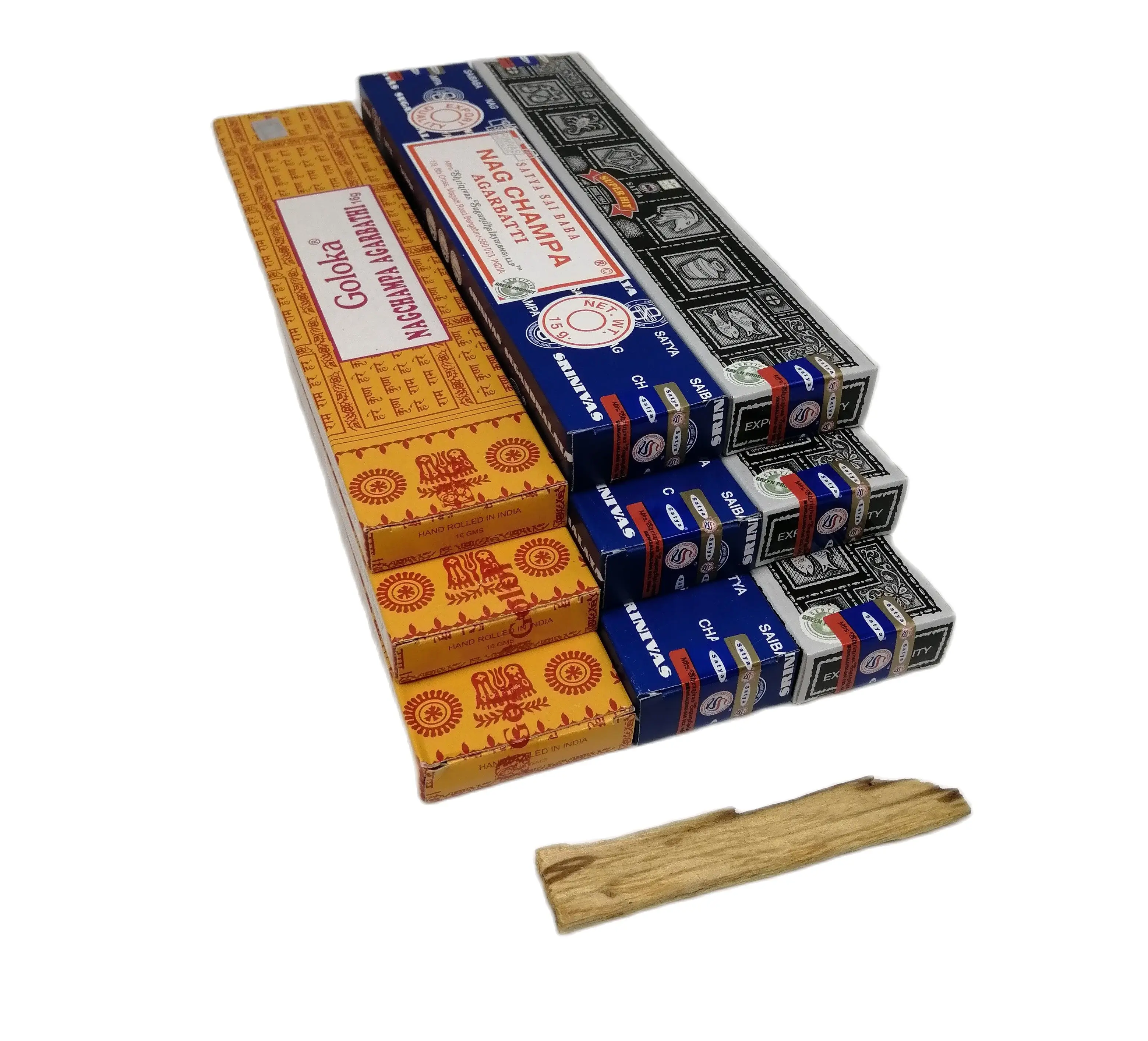 Incense Nag Champa Goloka and Super Hit 3 boxes per model + Palo Santo gift Agarbatii Satya Sai Baba Shirivas Sugandhalaya llp Bengaluru India Series 2021 handmade to harmonize stencies cleanings