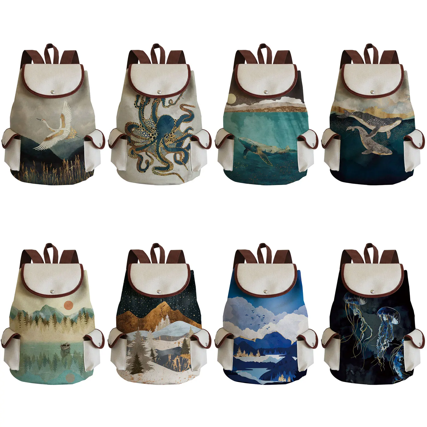 Women Linen Backpack Print Handbag Design Casual Travel Bags Crane Designer Portable Ukiyoe Eco Reusable Japanese Storage Bags