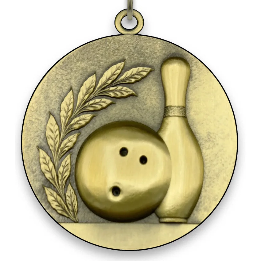 Large Metal Bowling Medal - Gold - 6,4 cm - with Neck Ribbon size 2.2cm x 80cm - Choice of Ribbon Colours.