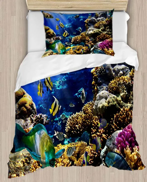 

Else Blue Sea World Aquarium Tropical Fishes 4 Piece 3D Print Cotton Satin Single Duvet Cover Bedding Set Pillow Case Bed Sheet