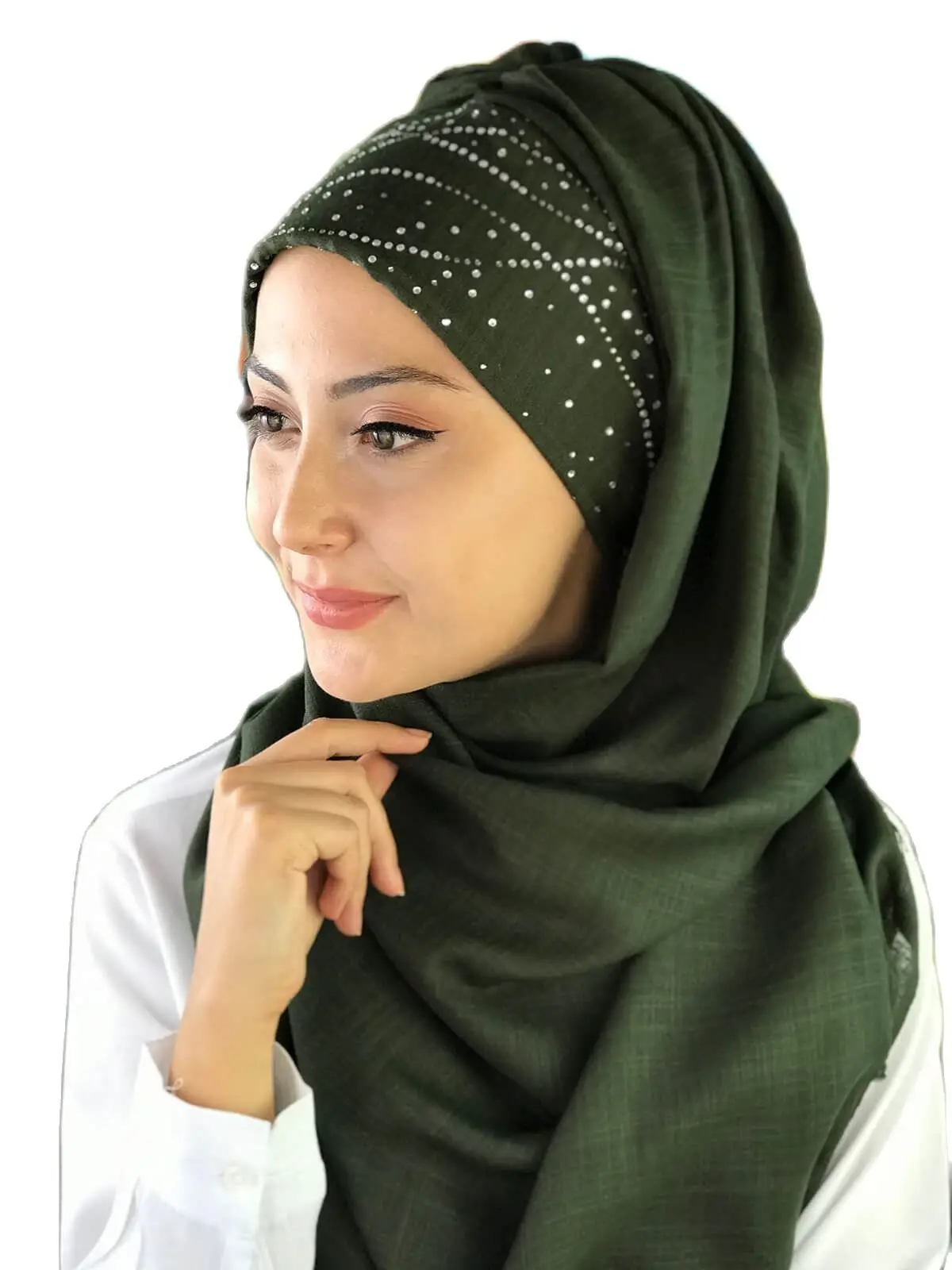 2023 New Fashion Hijab Women Muslim Islamic Turban Scarf Hat Foulard Silver Sequins Milky Way Pattern Dark Green Ready Made Shaw