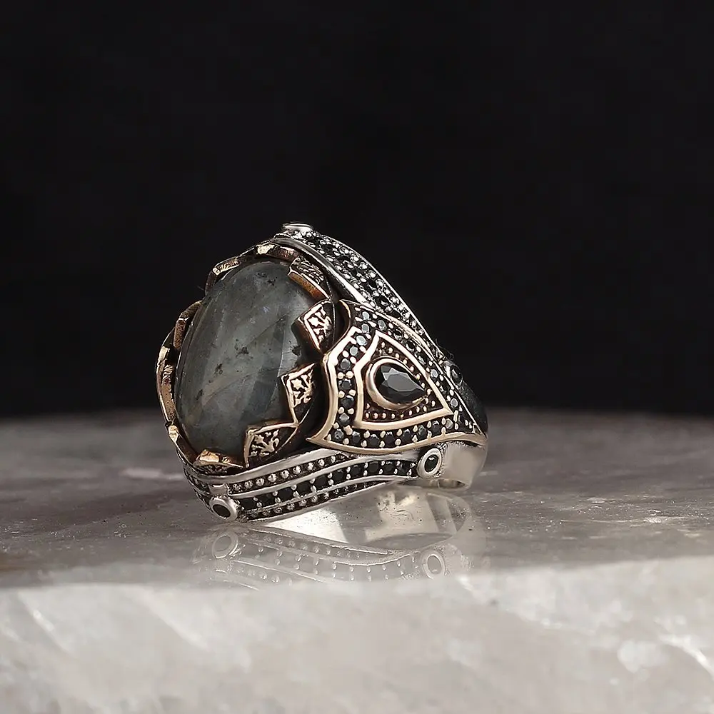 

925 Sterling Silver Ring for Men Natural Labradorite Stone Jewelry Fashion Vintage Gift Onyx Aqeq Mens Rings All Size