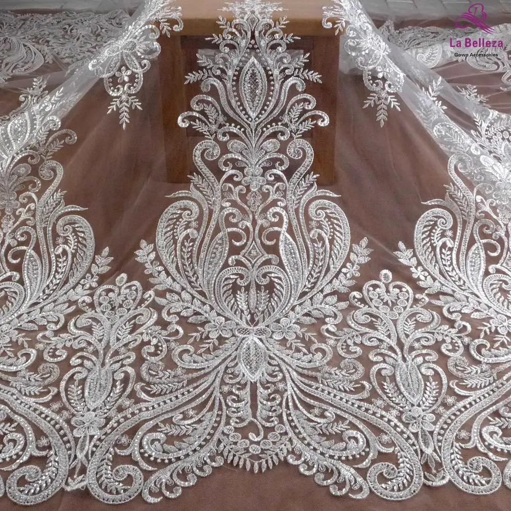 La Belleza nuovo tessuto di pizzo, tessuto di pizzo da sposa ricamo perline, poliestere con paillettes trasparenti grandi modelli tessuto di pizzo 1 yard