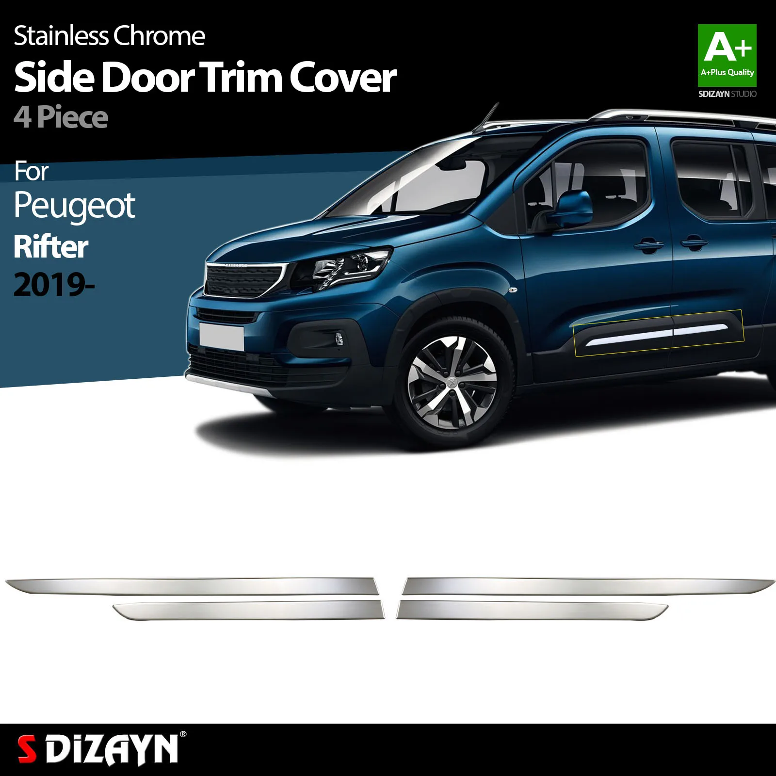 

S Dizayn For Peugeot Rifter Chrome Side Door Trim Cover Stainless Steel 4 Pcs. Exterior Car Accessories Parts Auto Products