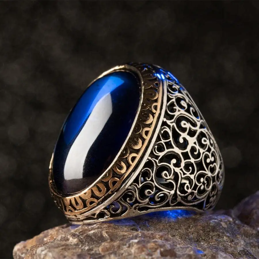 Large Silver Symmetrical Design Mens Ring with Blue Oval Zircon Stone Fashion Turkish Premium Quality Handmade Jawelery