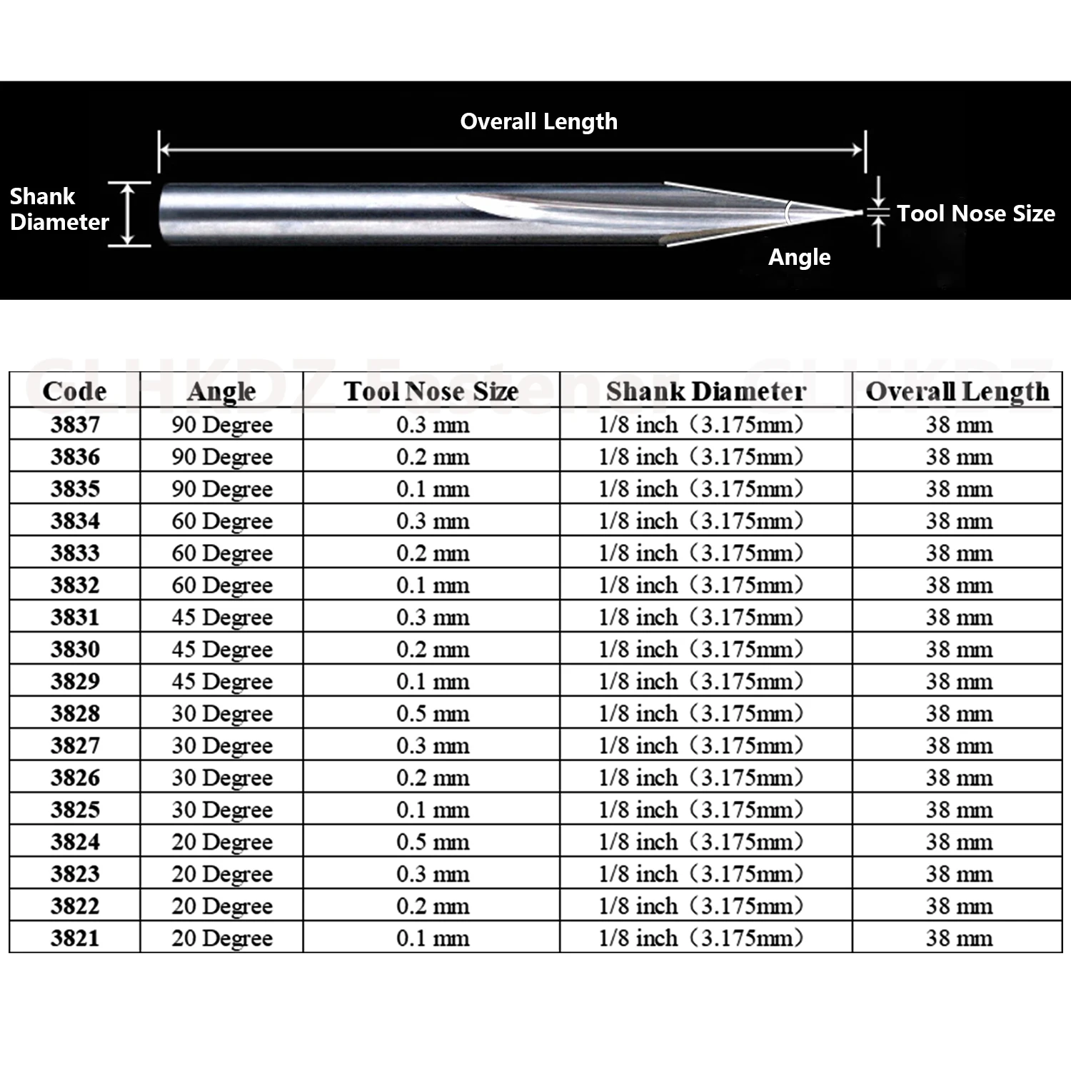 3.175mm 1/8 Shank 20/30/40/45/60/90 Degree Solid Carbide 2 Flute Straight Router Bit End Mill CNC Milling Cutter Engraving Tool