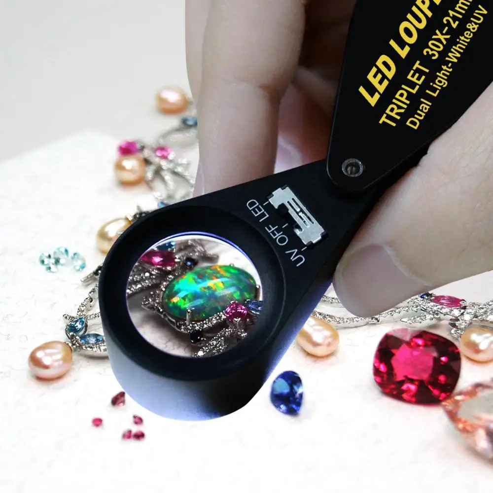 Gem Loupe Magnifiers 30x Magnification Jewelry with UV & 6 LED Light, 21mm Triplet Magnifiers